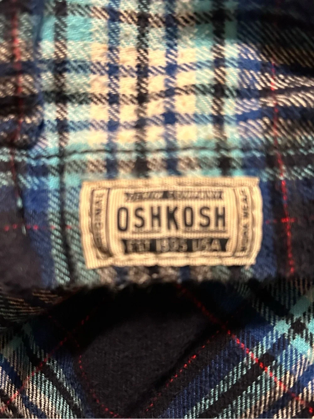 OshKosh B'gosh Boy’s Plaid Flannel Cabincore Navy and Red Button-Down Shirt Sz 7